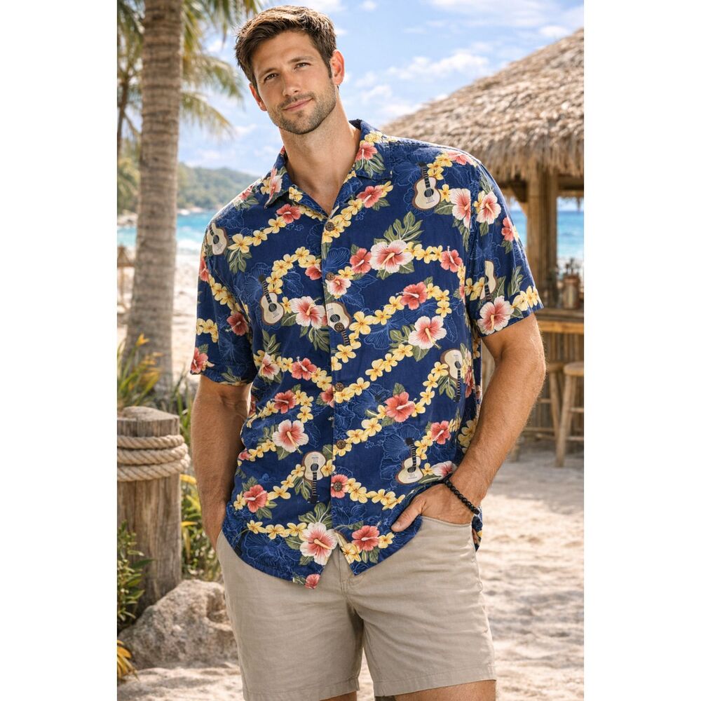 Hilo Hattie Hawaiian Shirt Mens 3XL Blue Floral Ukulele Aloha Button Up - Picture 5 of 11